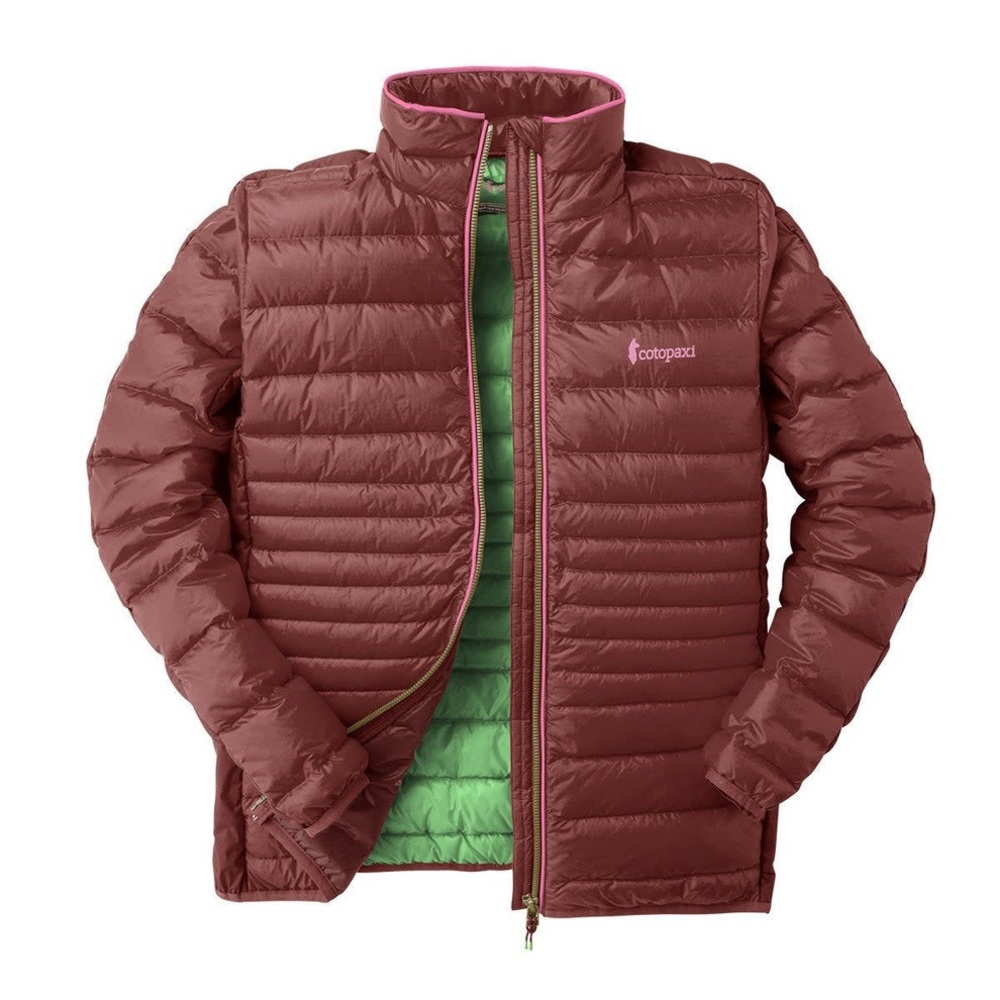 Cotopaxi Women's Puffer Jacket in Burgundy and Green